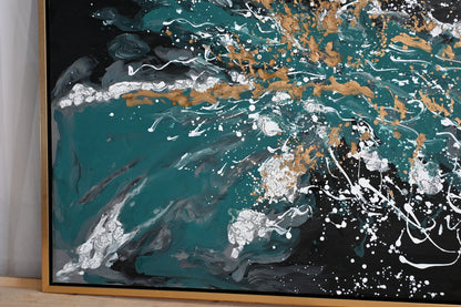 Splash of Green Abstract Canvas Painting Teal Gold Framed 41"x61"