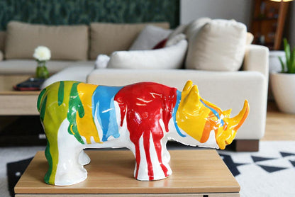 Fiberglass Rhino Statue Dynamic Presence with Paint Droplets 30" x 12" x 12"H