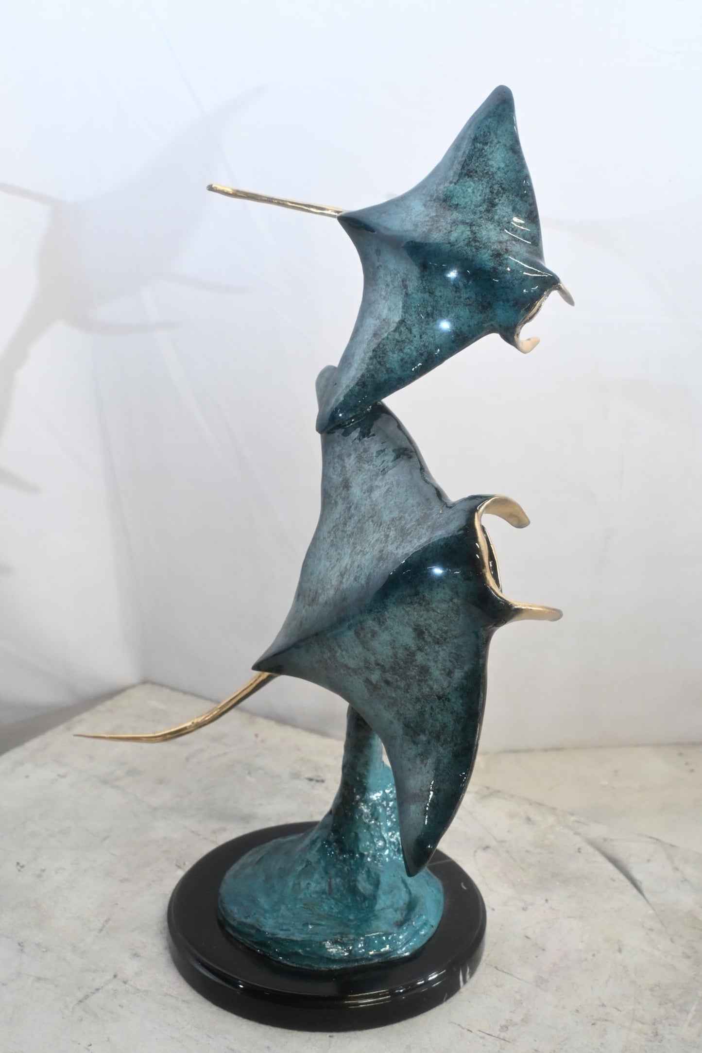 Two Stingrays Bronze Sculpture Ocean Wave Base 13"x7"x23"H