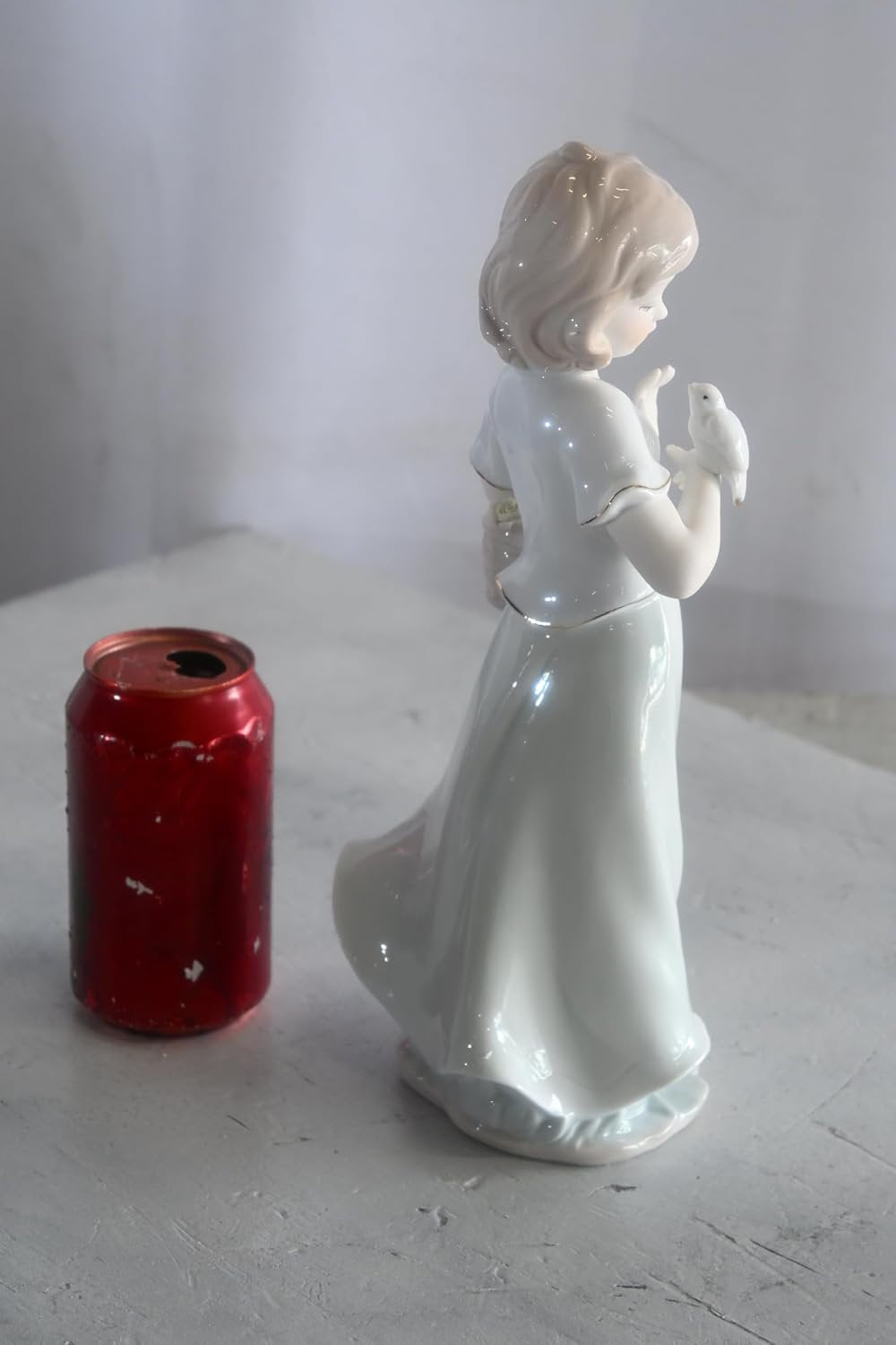 Porcelain Girl with White Doves and Flower Basket Statue 6"x4"x12"H