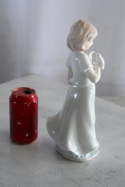 Porcelain Girl with White Doves and Flower Basket Statue 6"x4"x12"H