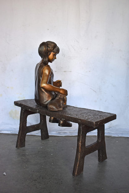 Young Girl with Her Puppy on Bench Reading Bronze Statue, Size 37" x 17" x 38"H