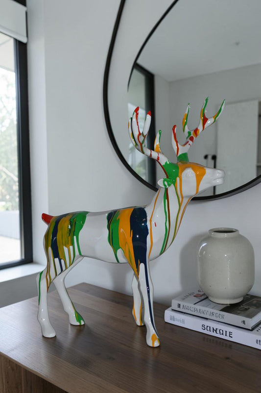 Modern Art colorful Deer Resin Statue - Size: 17"L x 11"W x 18"H.