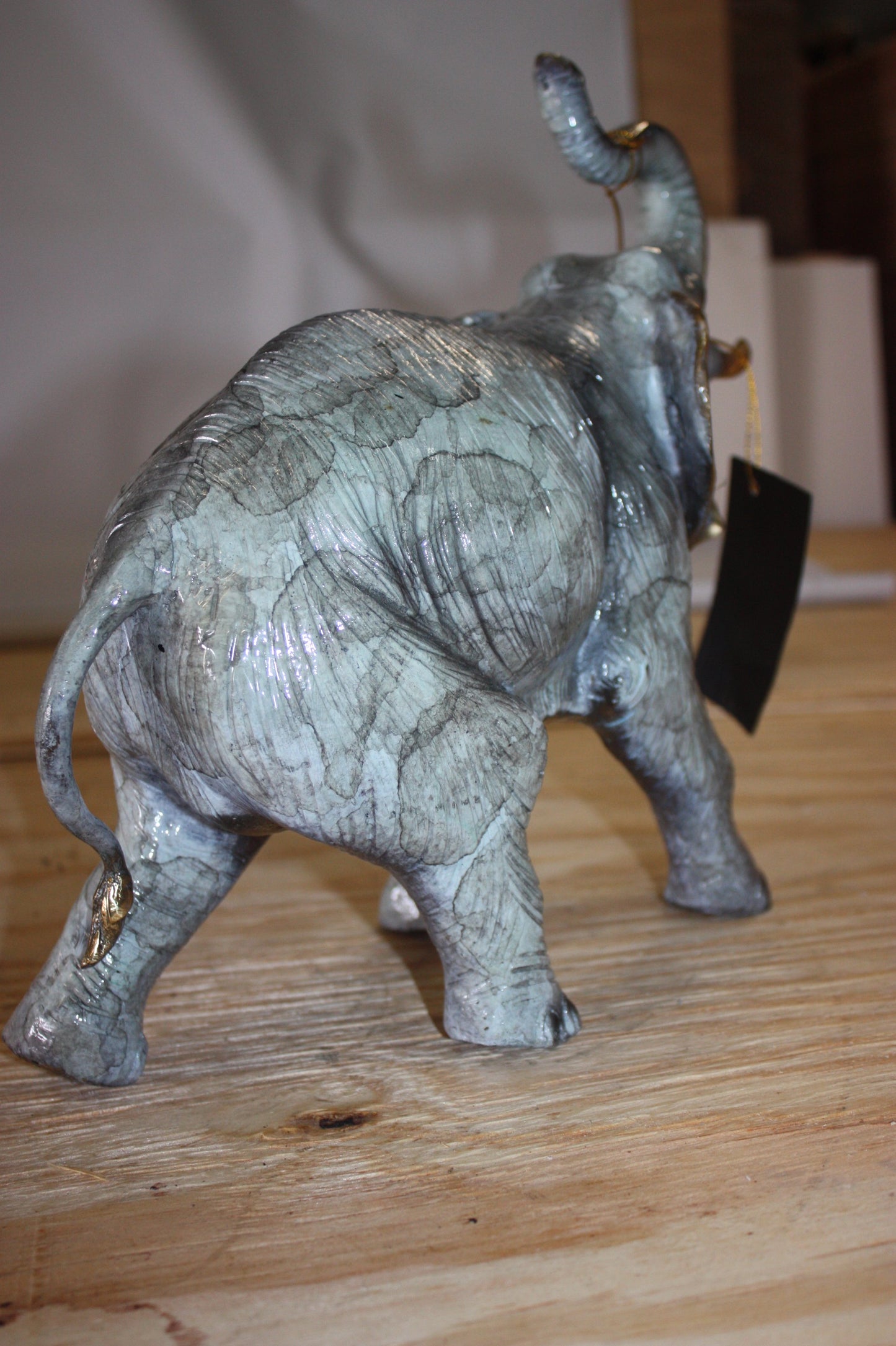 Bronze Elephant Trunk Up Statue - Hand-Cast Patina Finish - 13.5"L x 5"W x 12"H