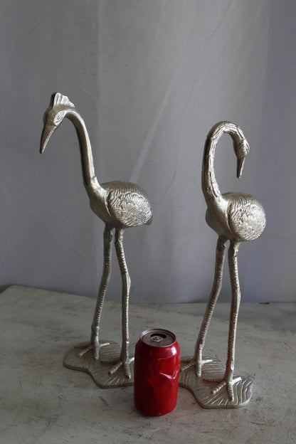 Art Deco Silver Flamingo Pair, Aluminum Decor Set 10" x 7" x 19"H