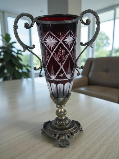 Ruby Red Cut Glass Trophy Vase with Metal Handles and Ornate Base 10"x6"x16"H