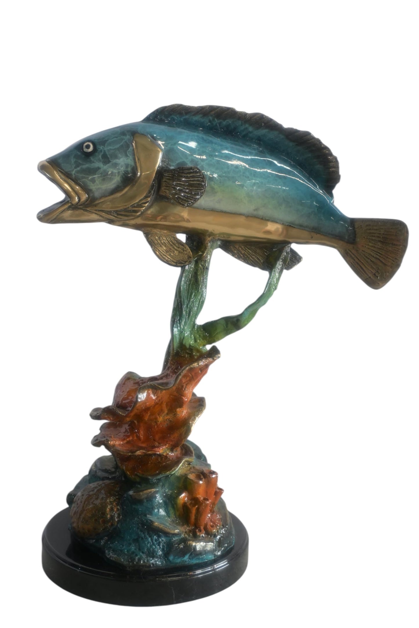 Bronze Bass Fish Sculpture on Coral Reef and Marble Base 18"x10"x26"H