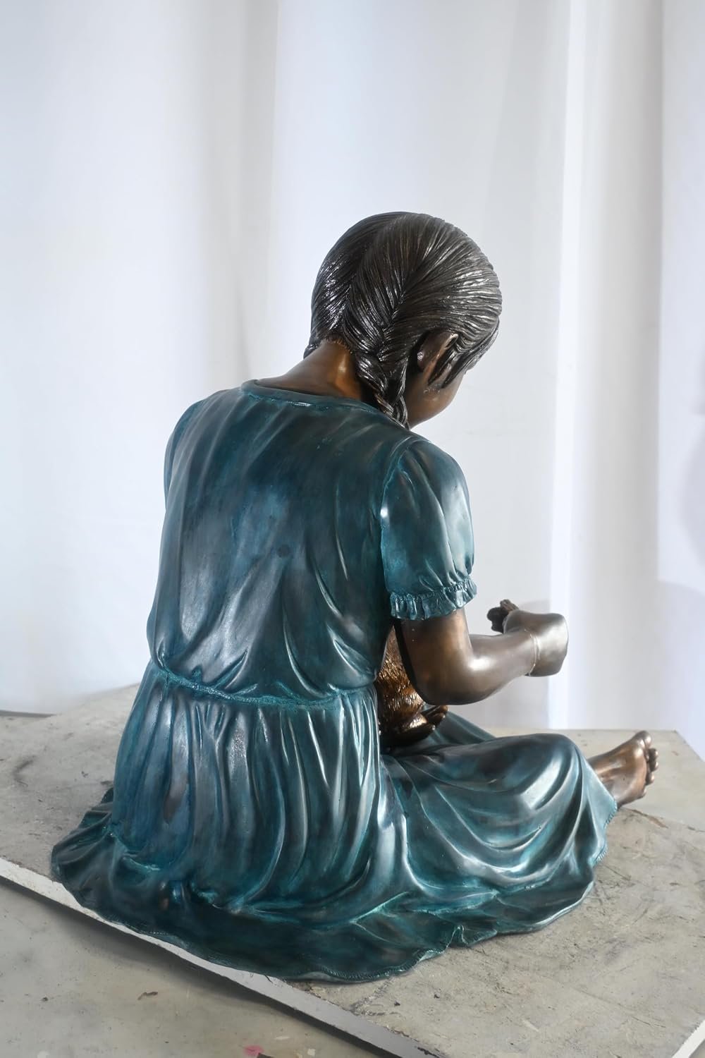 Bronze Braided Girl Feeding Rabbit Blue Patina Sculpture 24"x20"x24"H