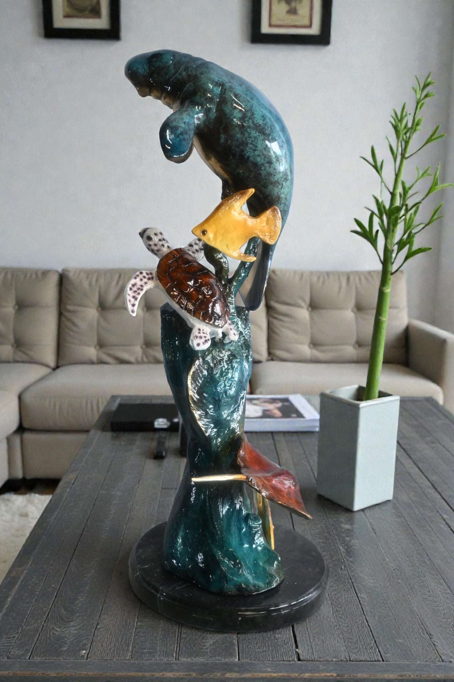 Manatee with Sea Turtle and Fish Bronze Sculpture 9"x9"x20"H