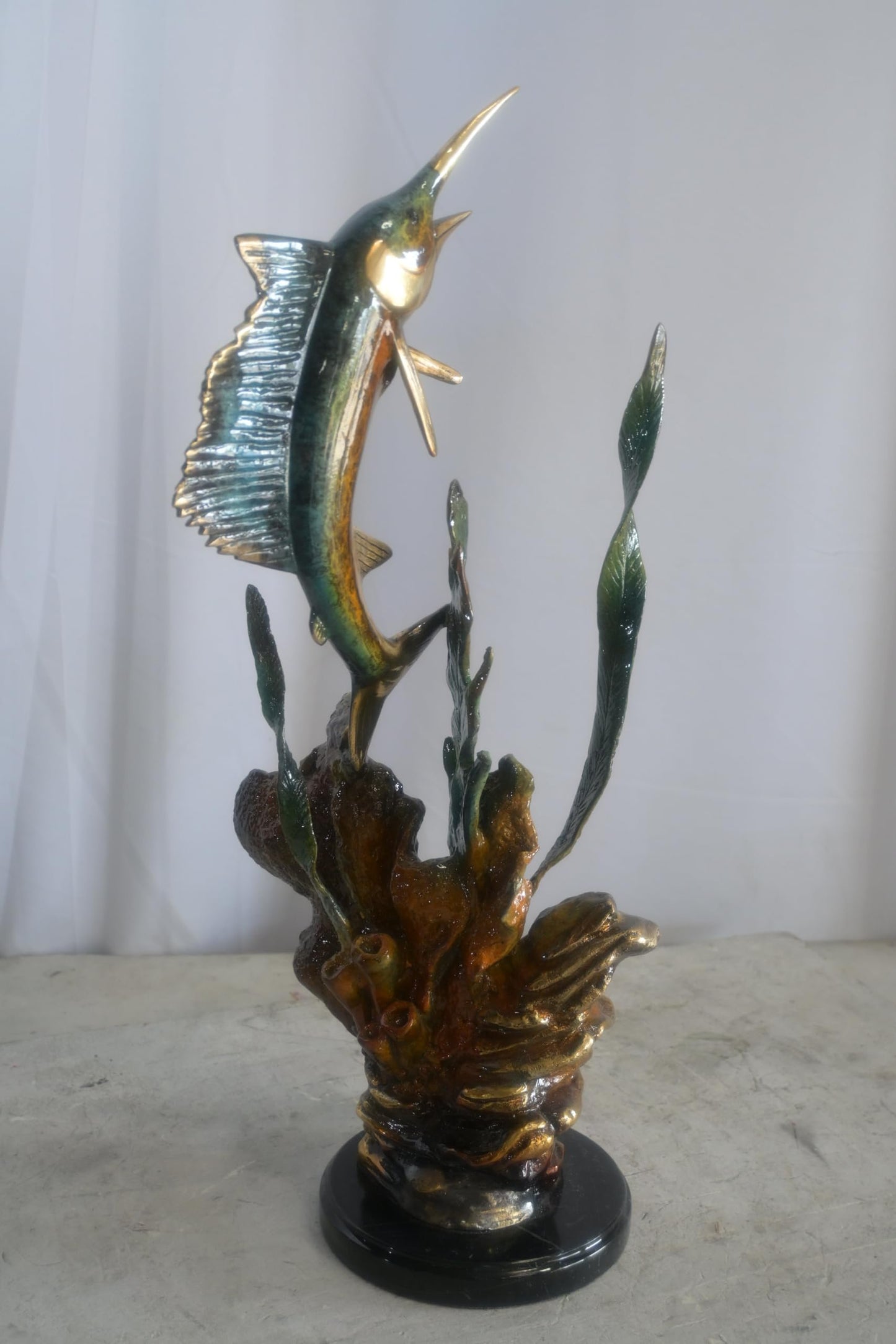 Bronze Sailfish Sculpture on Coral Seaweed Base Marble 11"x7"x24"H