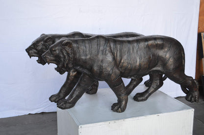 Pair Of Tigers Bronze Statues -  Size: 52"L x 10"W x 21"H.