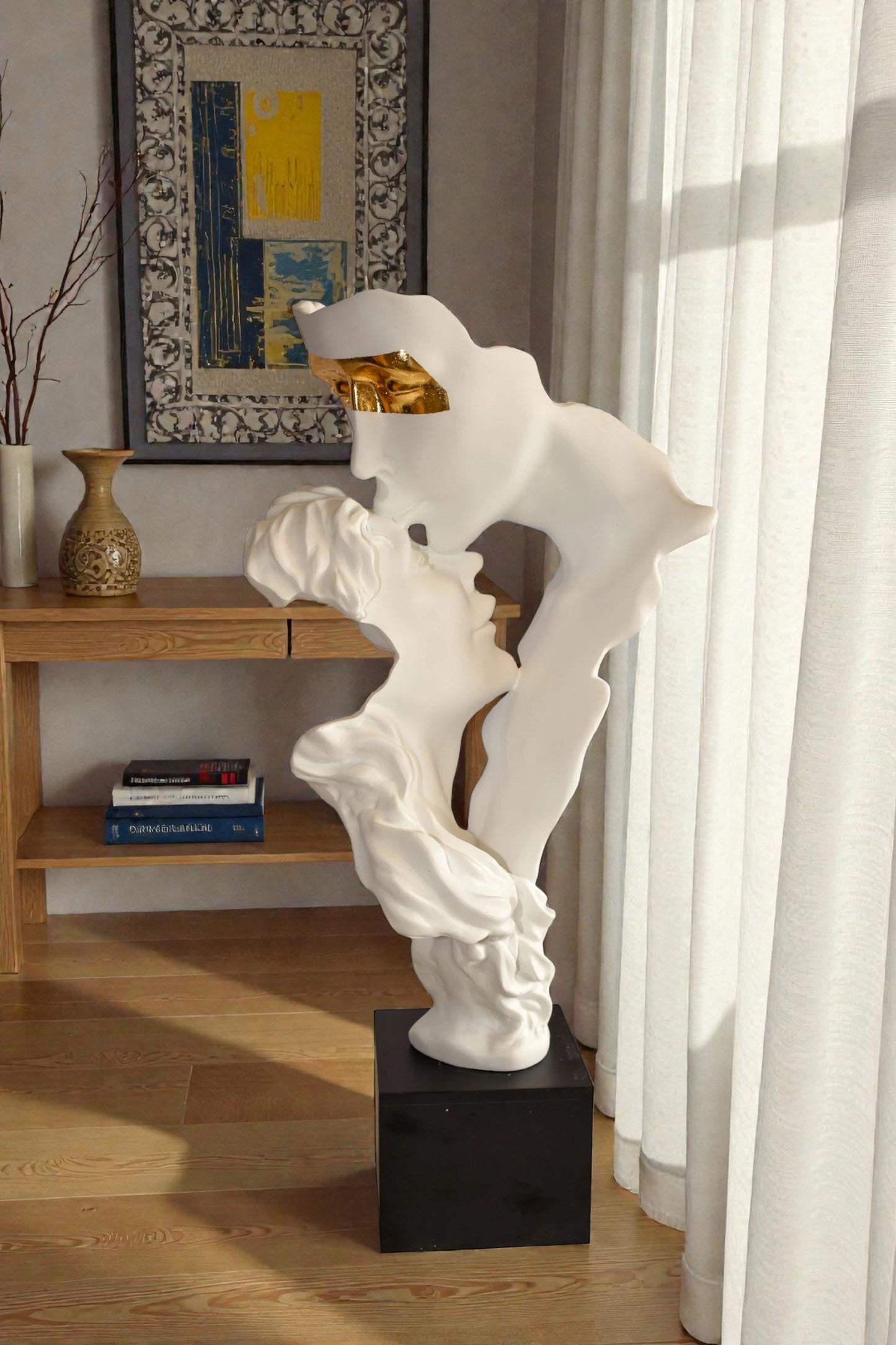 Abstract Modern Lovers White Resin Statue 12" x 8" x 26"H