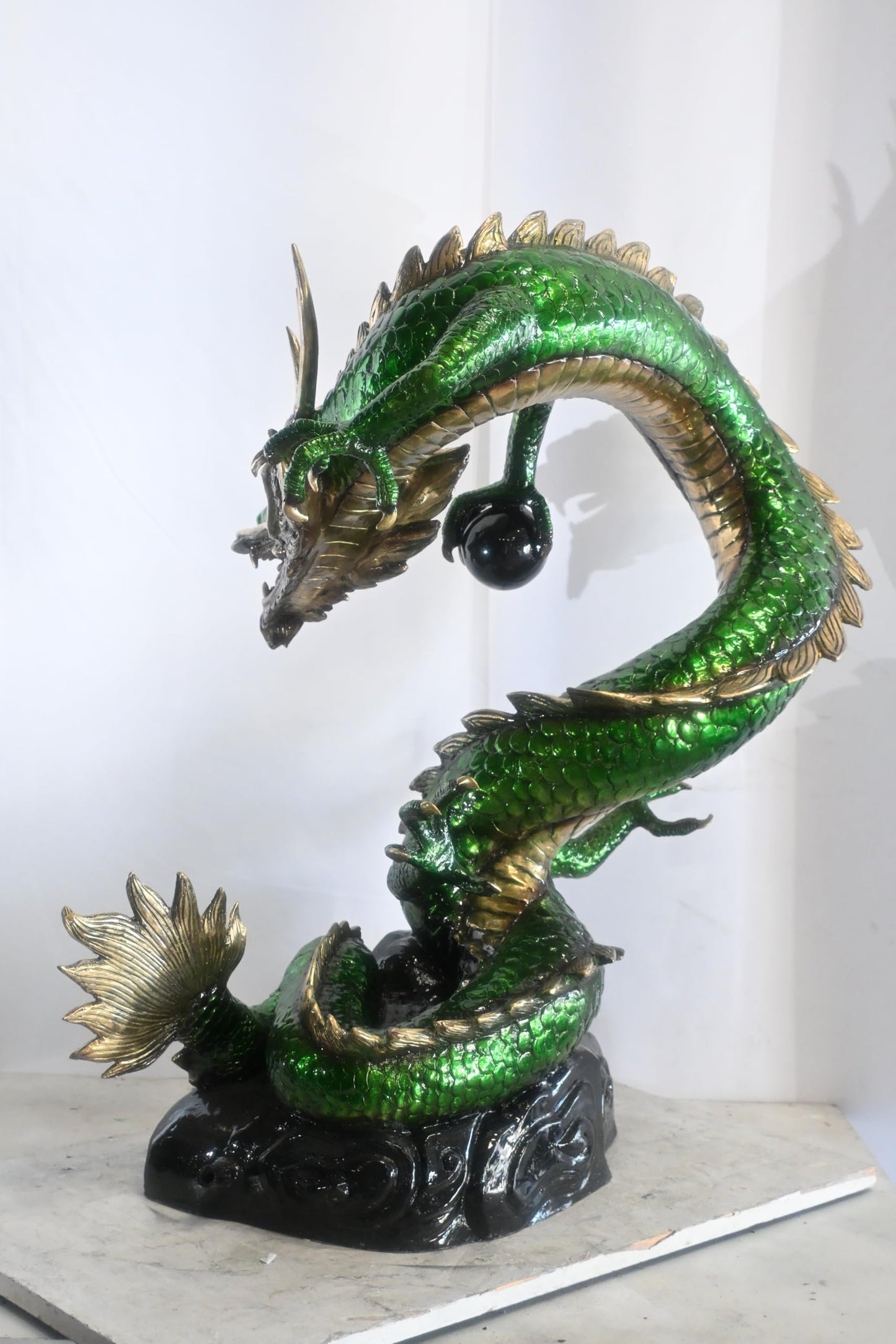 Green Bronze Dragon Fountain Statue with Pearl Sphere 30"x20"x38"H