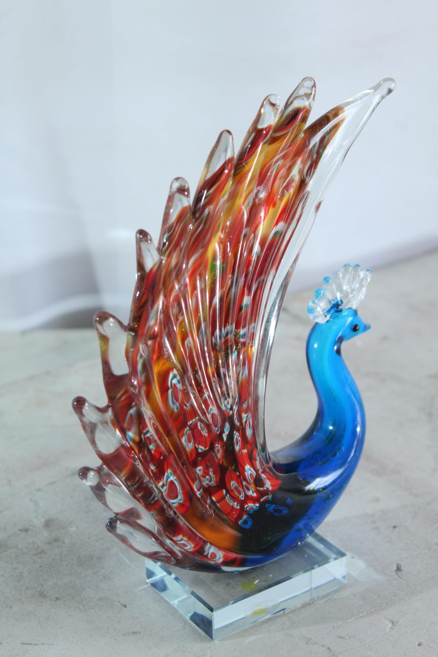 NIFAO Glass Peacock Figurine Hand Blown Art Glass on Clear Base 8" x 3" x 10"H