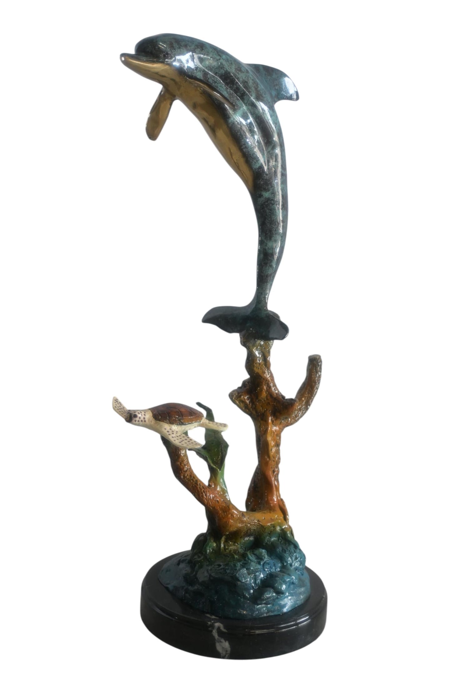 Bronze Leaping Dolphin and Sea Turtle Sculpture Marble Base 12"x9"x27"H