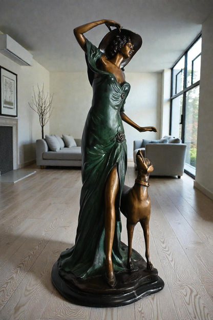 Art Deco Woman with Greyhound Bronze Statue Figurine 12"x10"x24"H