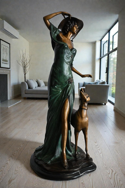 Art Deco Woman with Greyhound Bronze Statue Figurine 12"x10"x24"H