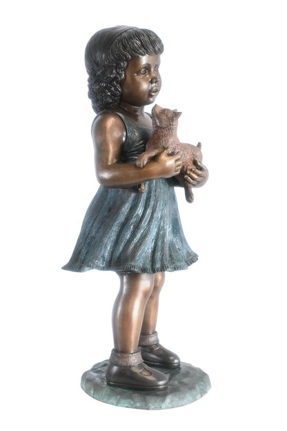Bronze Girl Statue Holding a Puppy Dog Garden Home Decor 17"x16"x36"H