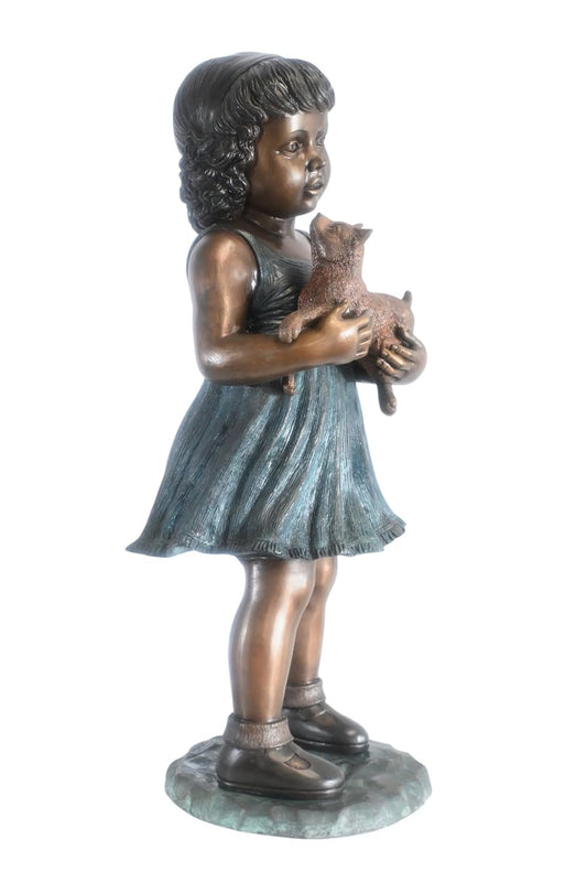 Bronze Girl Statue Holding a Puppy Dog Garden Home Decor 17"x16"x36"H