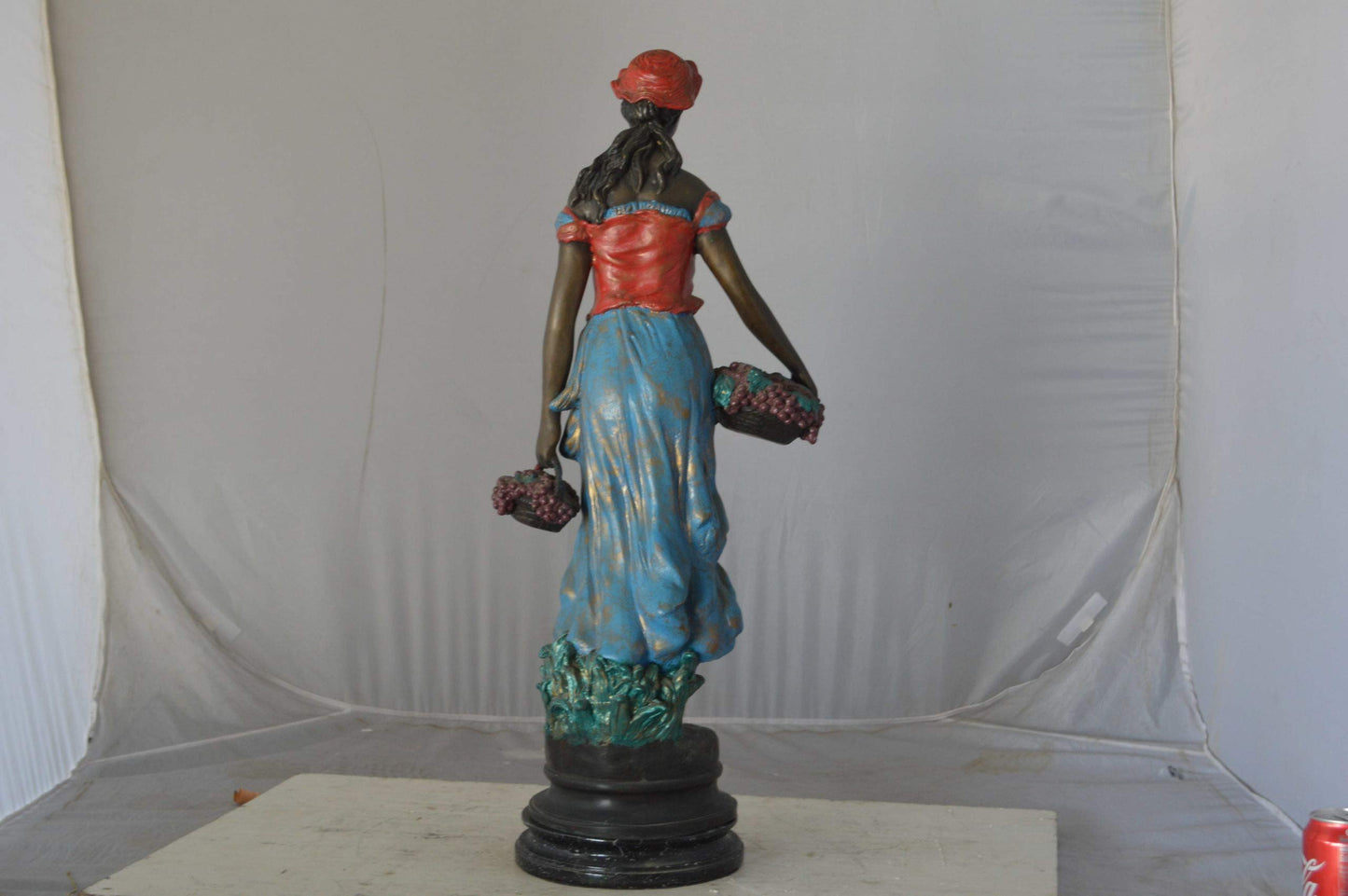 Beautiful lady with grapes bronze statue  - Size: 14"L x 6"W x 20"H.
