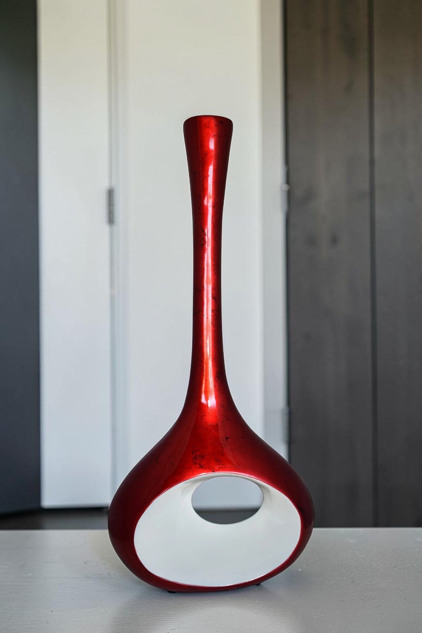Modern Tall Red and White Vase Made of Resin Size: 18" x 7" x 36"H