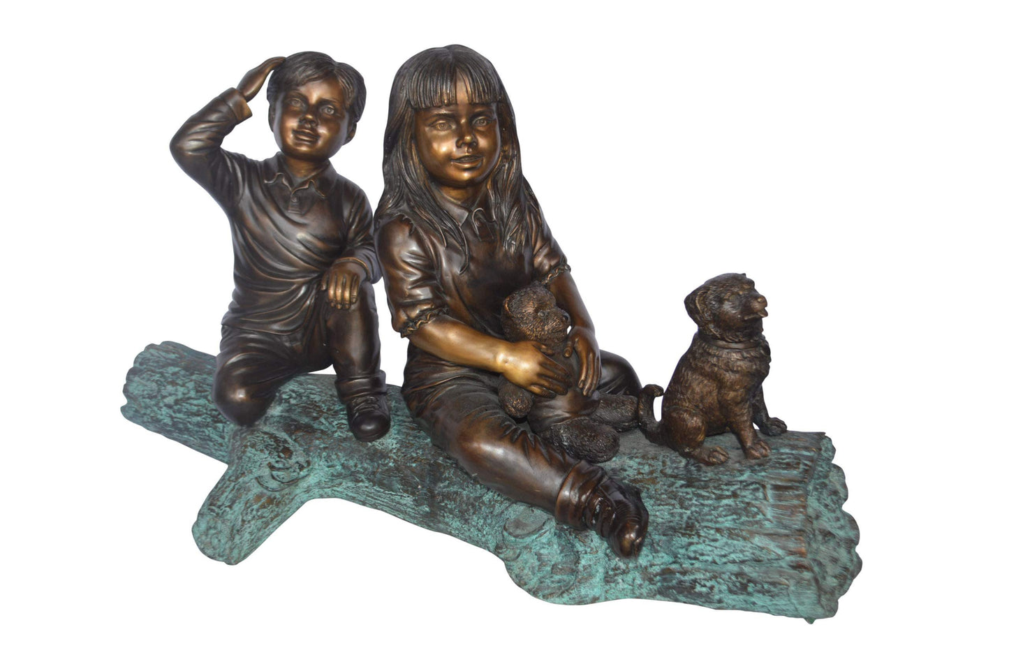 Young children and dog on a log bronze statue - Size: 40"L x 16"W x 24"H.