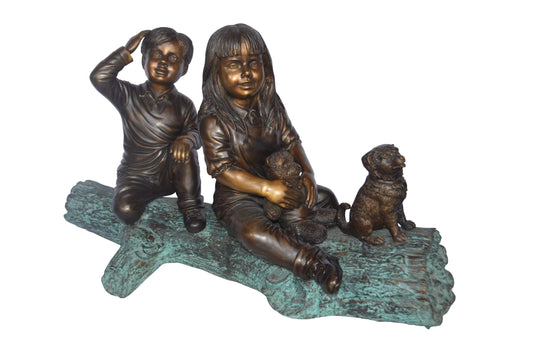 Young children and dog on a log bronze statue - Size: 40"L x 16"W x 24"H.