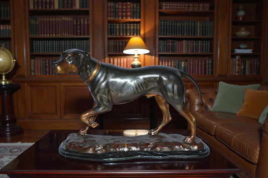Black Labrador Bronze Statue Mounted on A Marble - Size: 20"L x 8"W x 14"H.