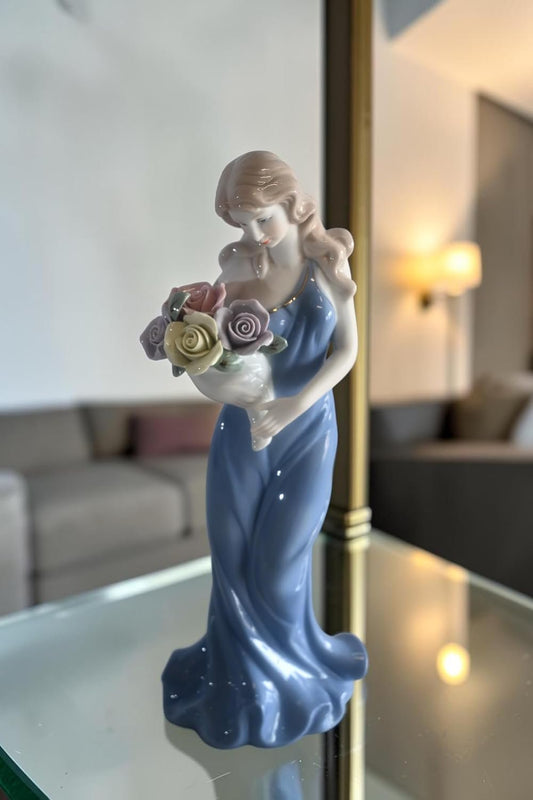 Porcelain Lady Blue Sleeveless Gown Holding Rose Bouquet 4"x3"x11"H