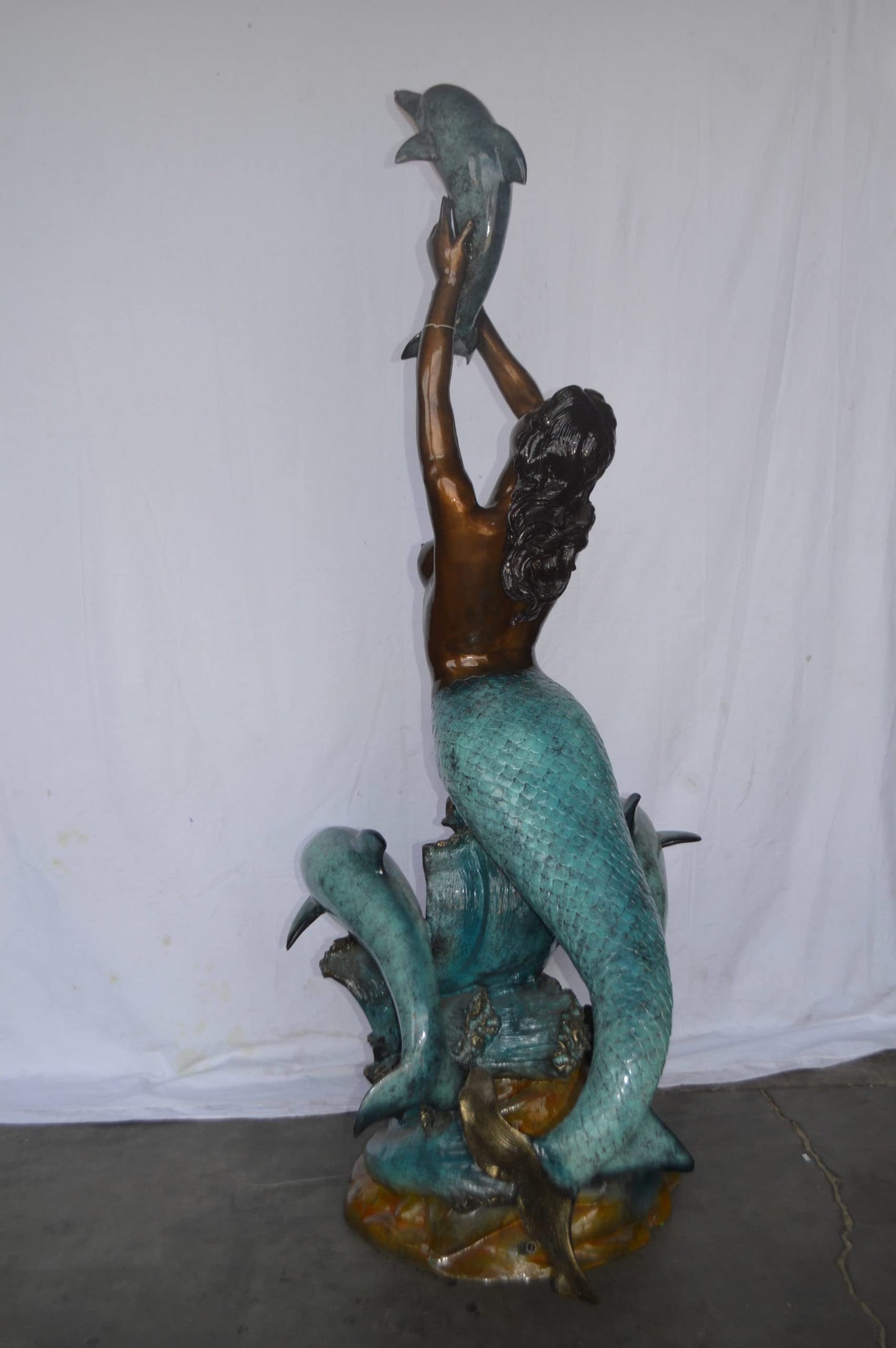 Mermaid and Three dolphins fountain bronze statue - Size: 34"L x 41"W x 83"H.