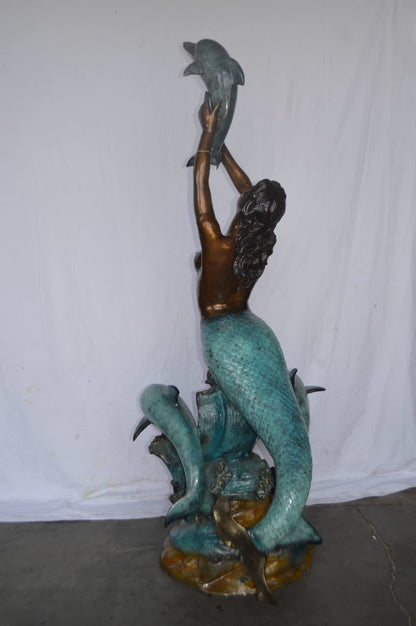 Mermaid and Three dolphins fountain bronze statue - Size: 34"L x 41"W x 83"H.