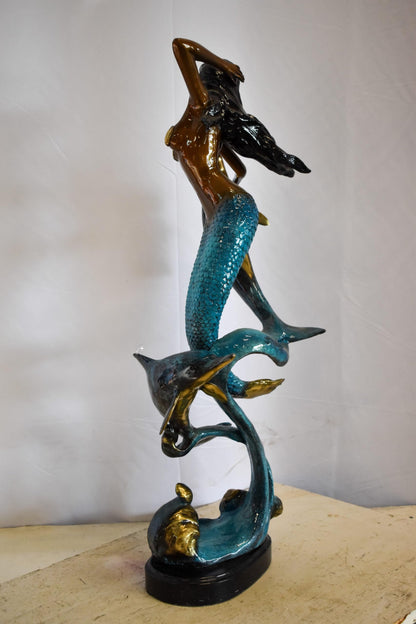 Graceful Mermaid and Two Dolphins Bronze Statue 13" x 9" x 31"H