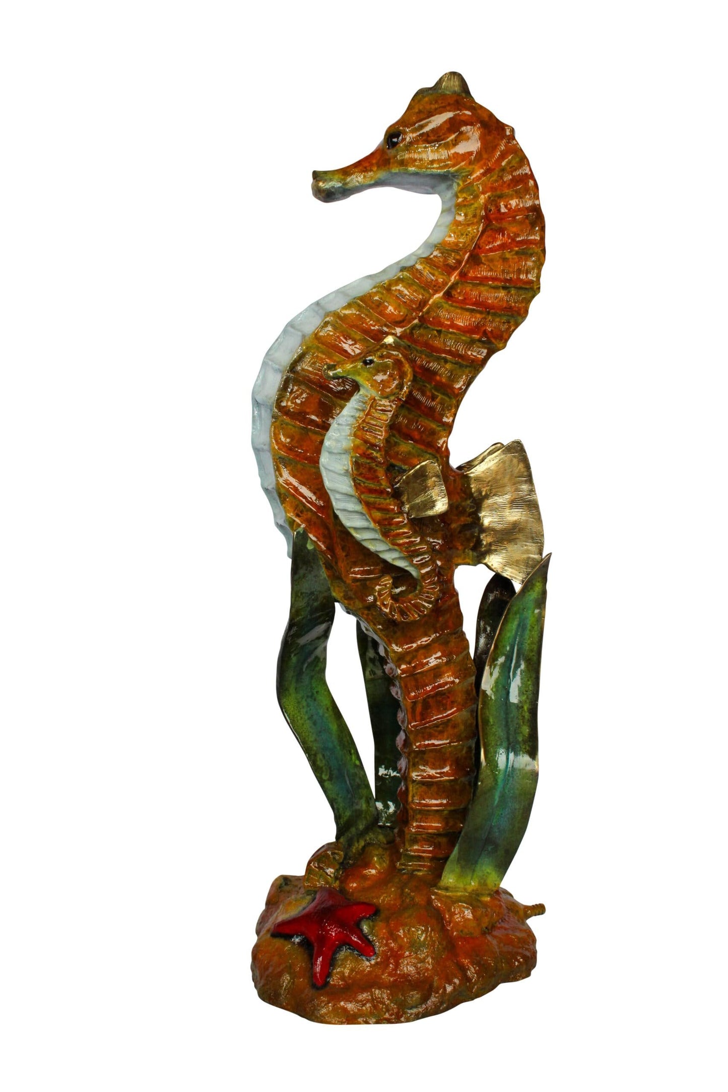 Nifao Bronze Seahorse with Baby Sculpture – Handcrafted Lost Wax Cast Ocean Life Statue with Seagrass & Starfish Details – Rich Patina & Polished Accents Coastal Marine Decor -16" x 14" x 43"H