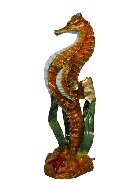 Nifao Bronze Seahorse with Baby Sculpture – Handcrafted Lost Wax Cast Ocean Life Statue with Seagrass & Starfish Details – Rich Patina & Polished Accents Coastal Marine Decor -16" x 14" x 43"H