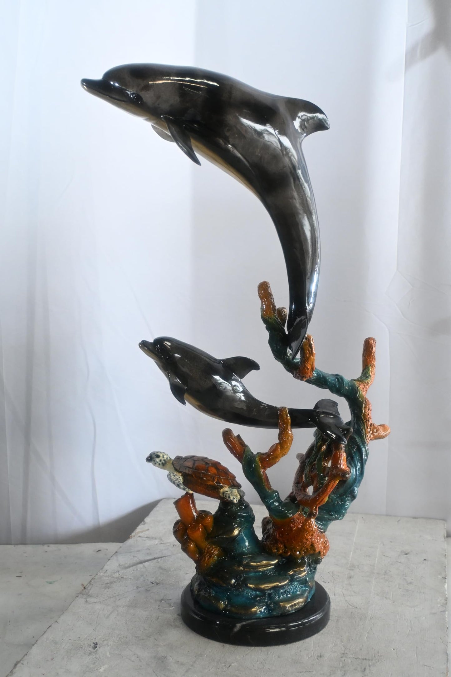 Two Dolphins with Sea Turtle on Coral Bronze Sculpture 18"x10"x29"H