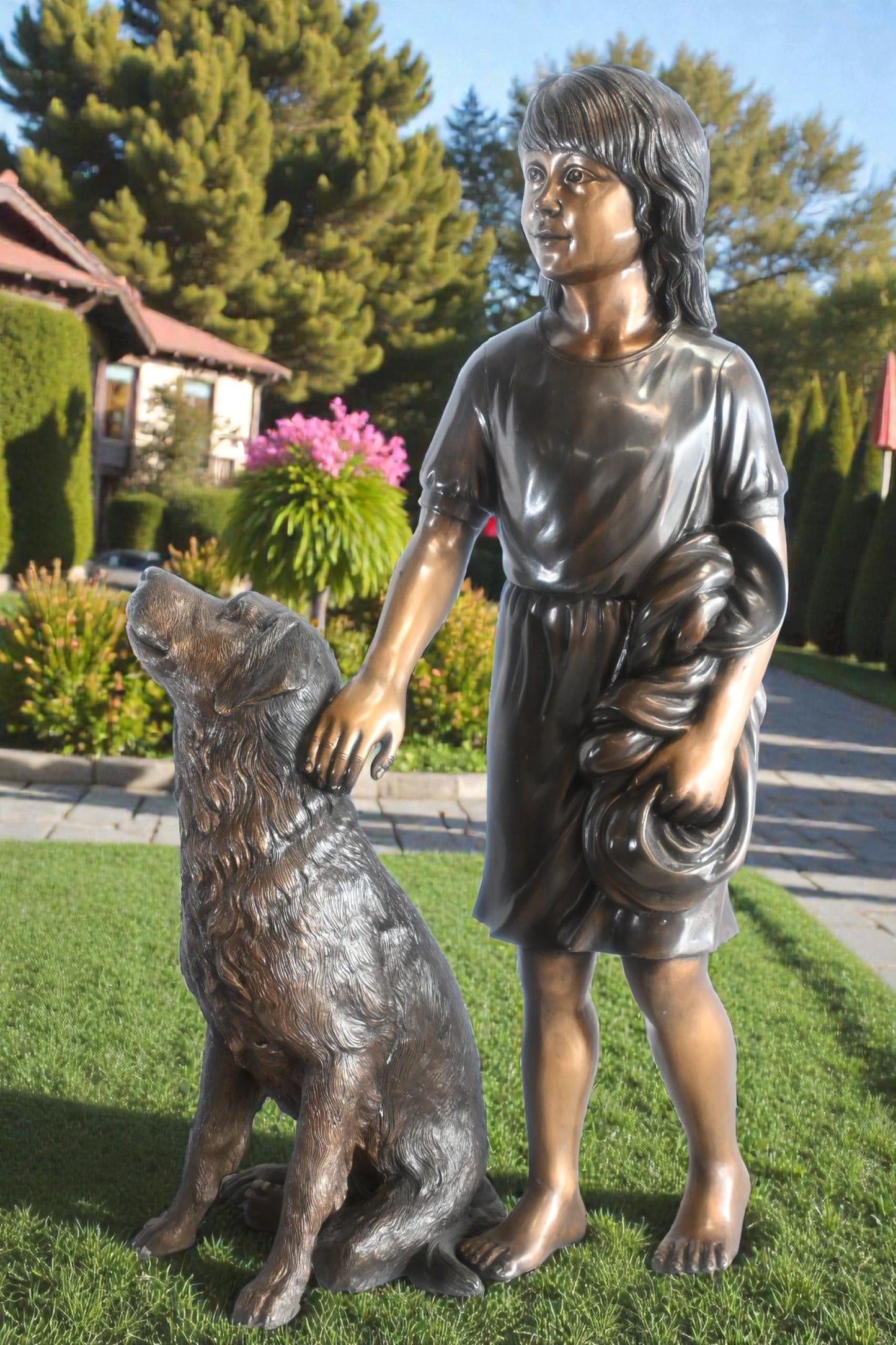 Bronze Girl with Dog Statue Standing Child and Pet Sculpture 23"x13"x39"H