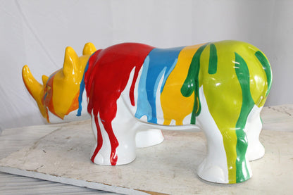 Fiberglass Rhino Statue Dynamic Presence with Paint Droplets 30" x 12" x 12"H