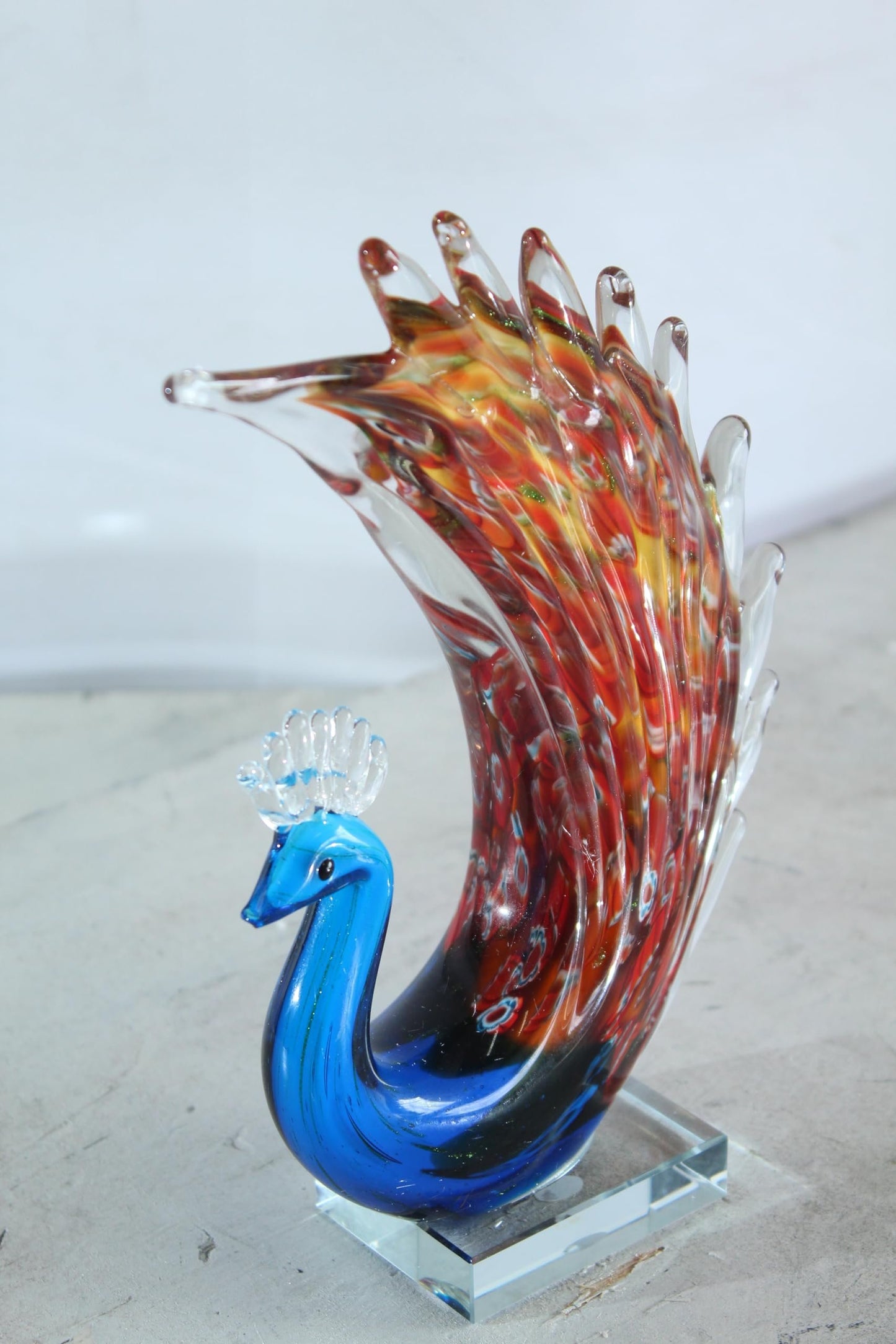 NIFAO Glass Peacock Figurine Hand Blown Art Glass on Clear Base 8" x 3" x 10"H