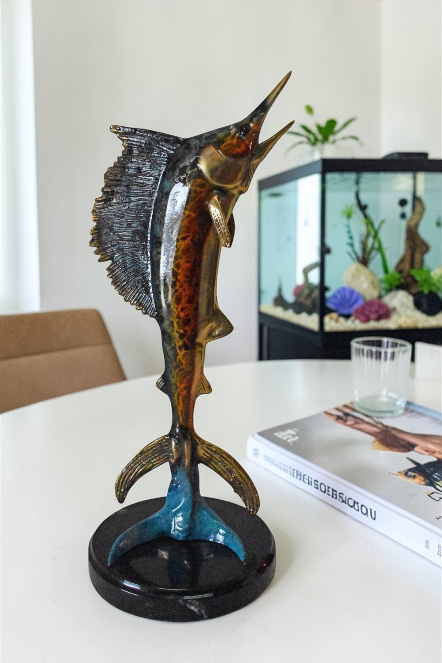 Single Sailfish Bronze Statue Mounted on Round Marble - Size: 6"L x 6"W x 15"H.