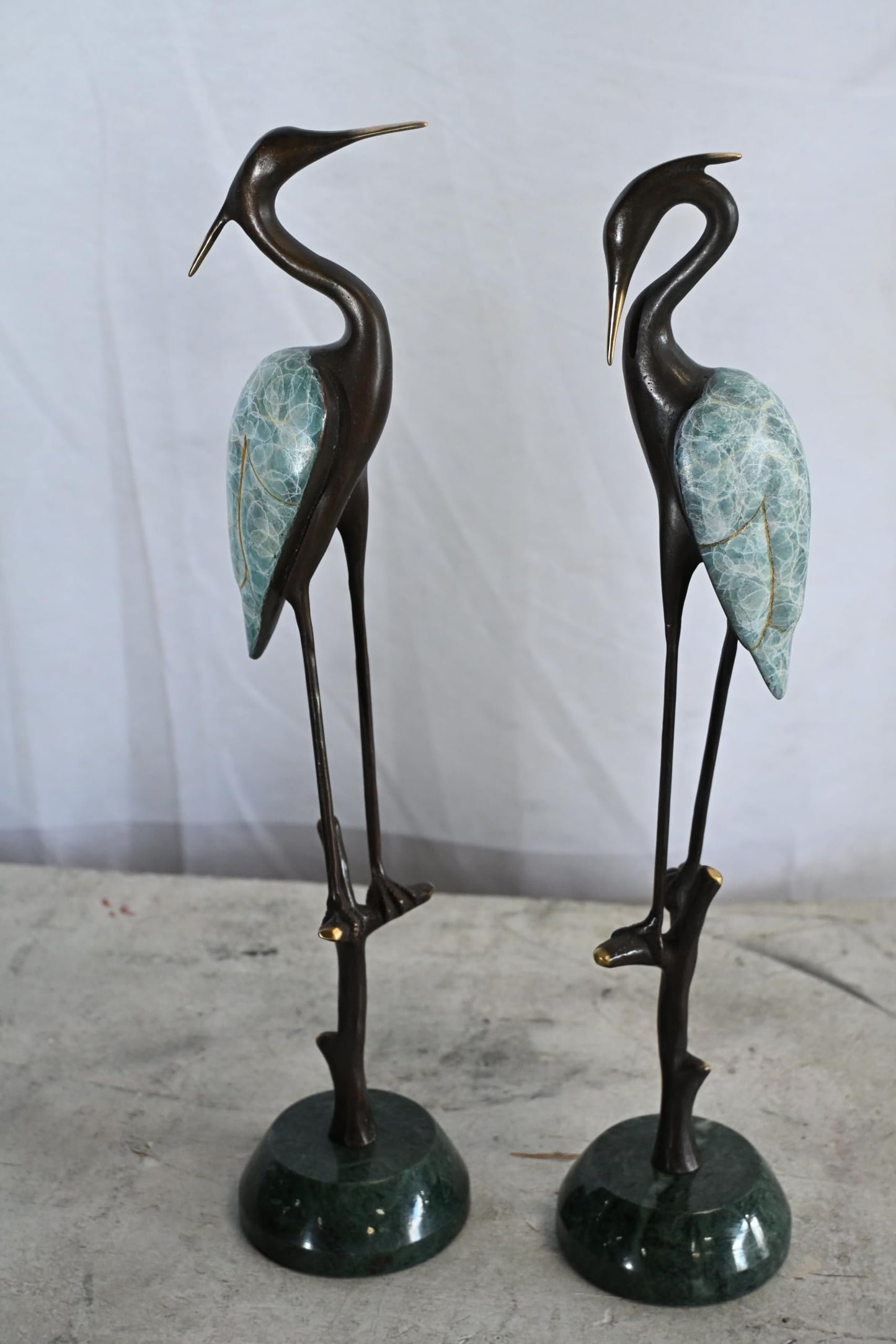 NIFAO Bronze Heron Pair Statue Set Marble Base Bird Sculpture 8"x4"x17"H
