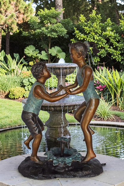 Young Boy and girl dancing around fountain bronze statue-Size 28" x 13" x 38"H