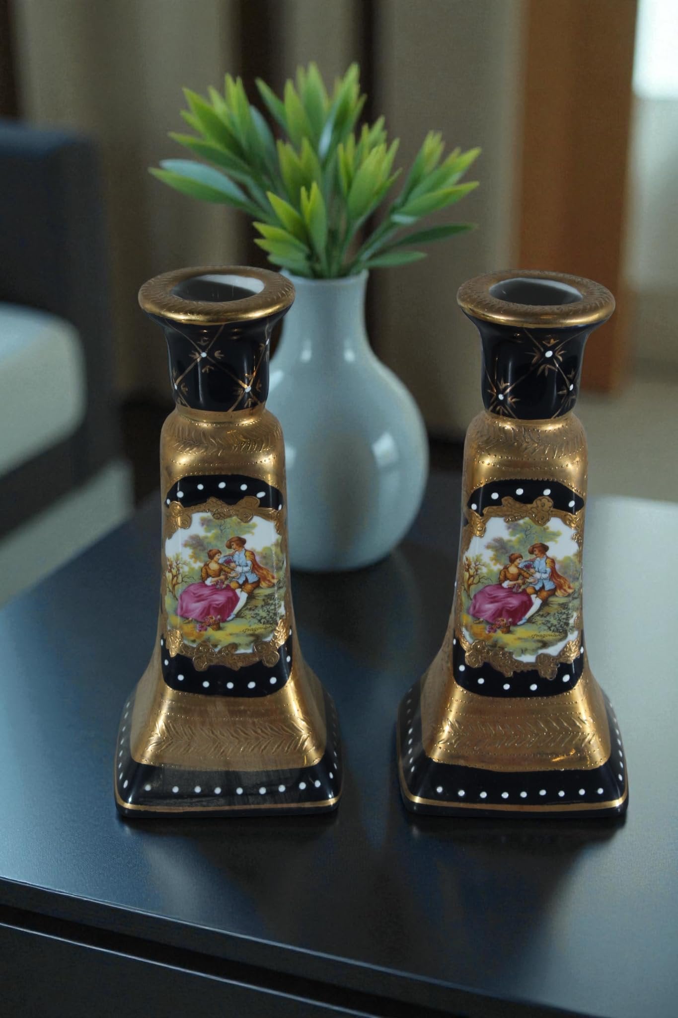 Porcelain Pair Candlestick Holders Black Gold Courting Scene 8"x4"x9"H