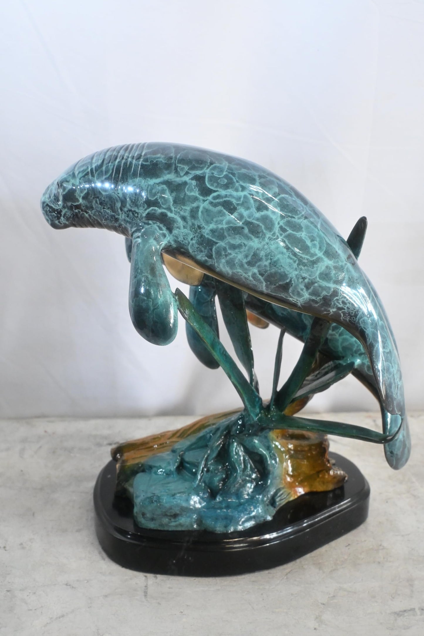Two Manatees Bronze Sculpture Marble Base Ocean Life 15"x11"x12"H