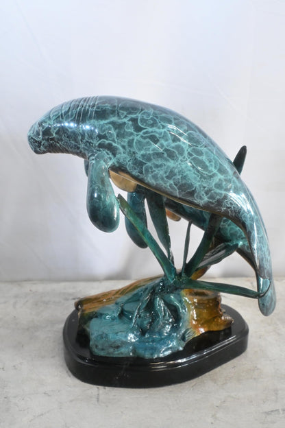 Two Manatees Bronze Sculpture Marble Base Ocean Life 15"x11"x12"H