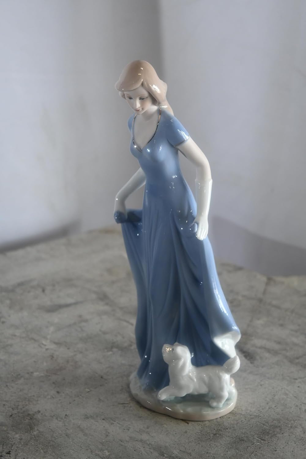 Porcelain Elegant Lady Blue Gown with White Puppy Statue 5"x4"x11"H