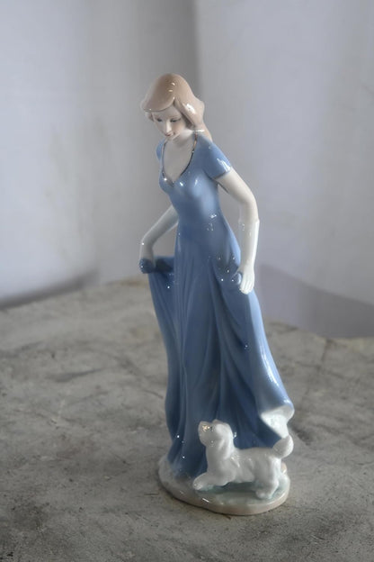 Porcelain Elegant Lady Blue Gown with White Puppy Statue 5"x4"x11"H