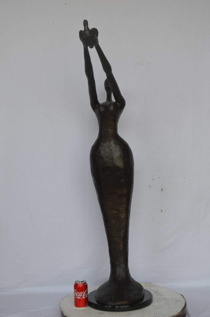 Woman Releasing Bird Modern Art Bronze Statue - Size: 13"L x 19"W x 52"H.