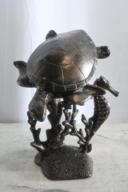 Sea Turtle and Seahorse Coastal Coral Tabletop Alumminum Sculpture 14"x14"x20"H