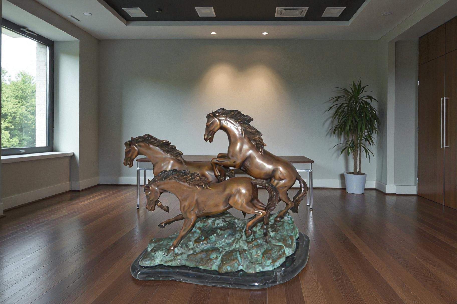 Three horses running Bronze Statue - Size: 11