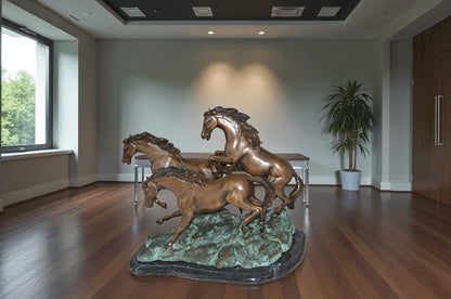 Three horses running Bronze Statue -  Size: 11"L x 18"W x 13"H.